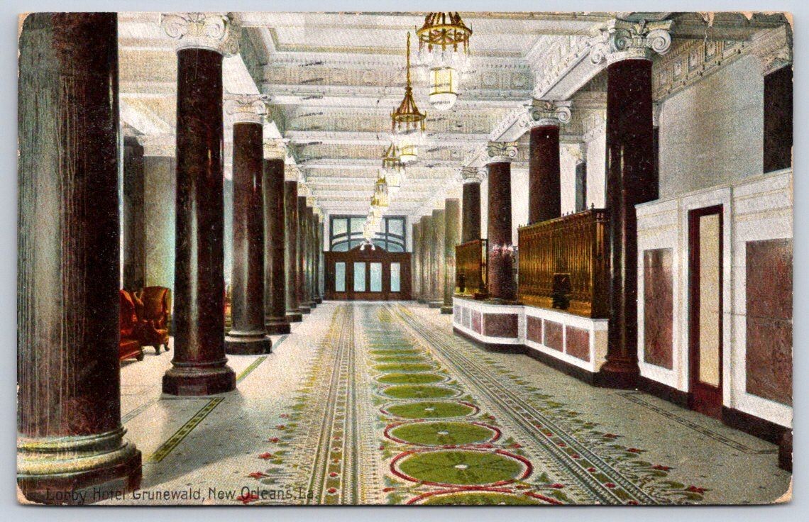 Antique Louisiana Postcard NEW ORLEANS Lobby Hotel Grunewald 1910