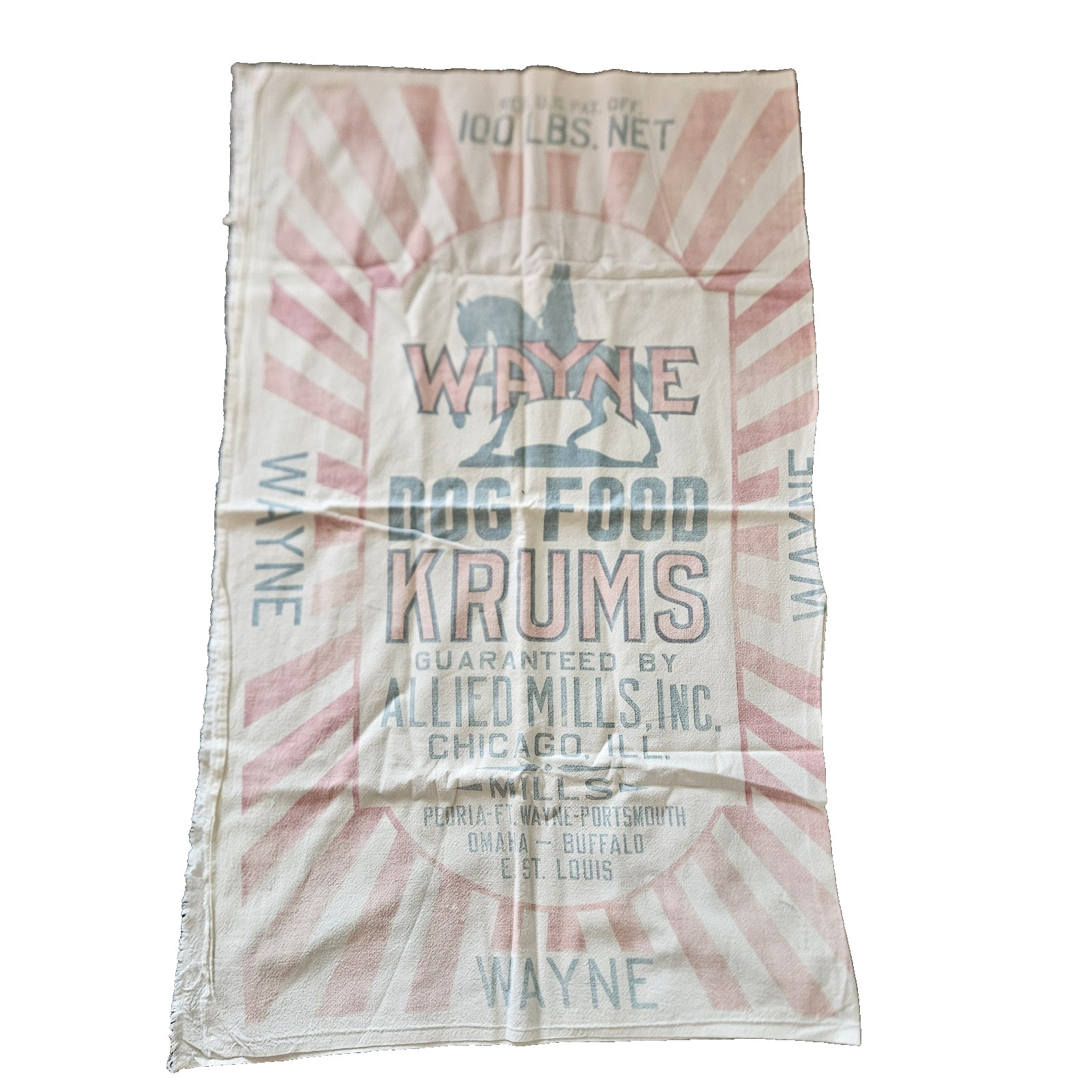 Vtg Wayne Dog Food Krums Feed Sack Bag Farm Primitive Antique Animal Fabric
