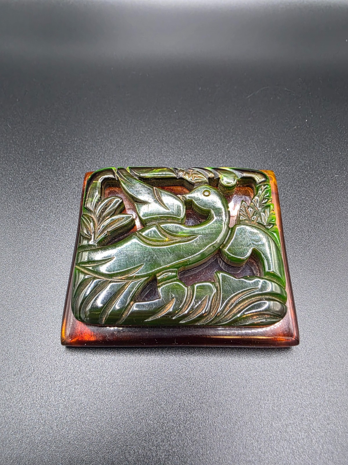 Vintage Green Bird motif on Apple Juice/Butterscotch Bakelite Brooch