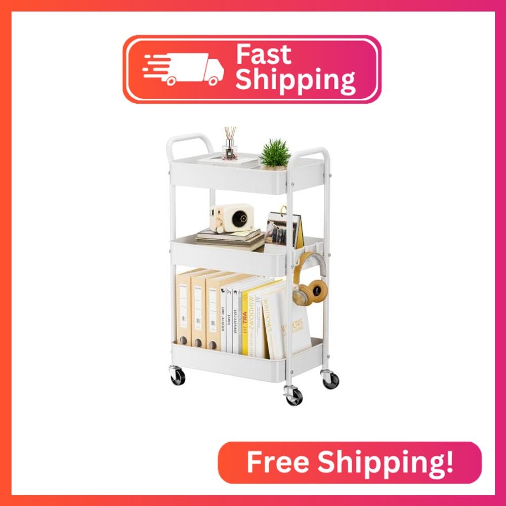 YASONIC 3-Tier Metal Rolling Cart Utility Carts with Wheels White