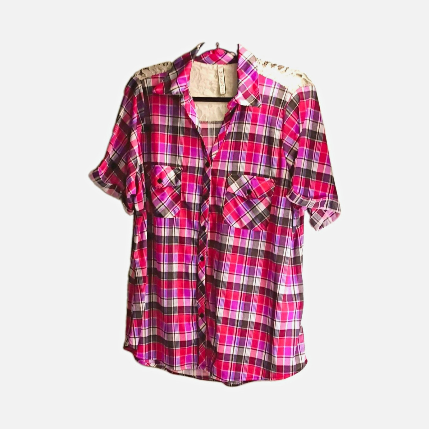 Dr Jr Womens Plus 2X Pink Purple Plaid Collared Short Sleeve Button-Up Lace