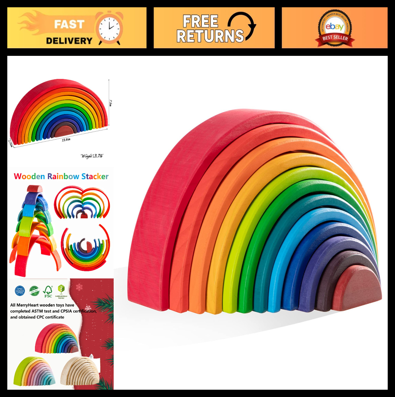 Extra Large Wooden Rainbow Stacking Toy - 12 Piece Montessori Educational Blocks