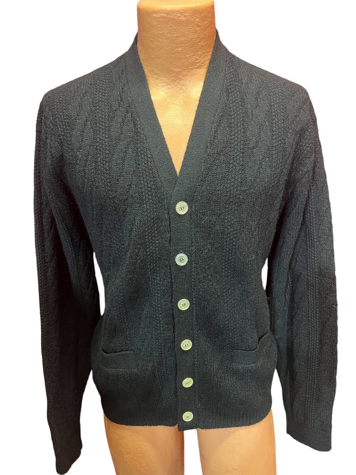 EUC Vtg 60s Mens L Jockey Cardigan BLACK CABLE KNIT Acrylic Sweater 2 Pockets