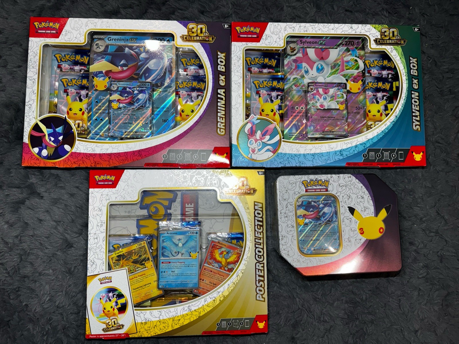 Pokemon 30th Anniversary lot, Sylveon Ex, Greninja Ex, Poster Collection, Tin
