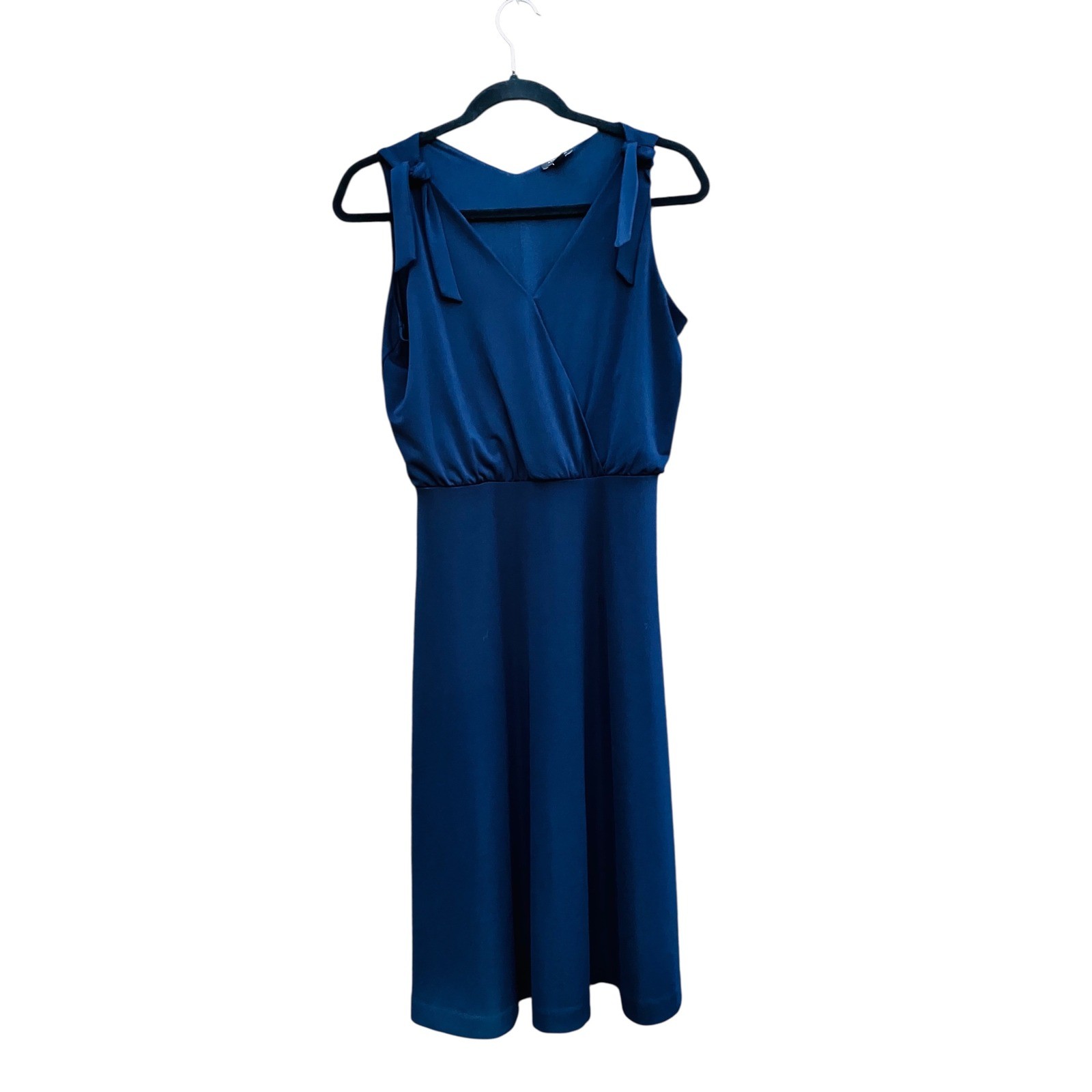 Ann Taylor Women Dress Navy Blue Tie Shoulder V-Neck Surplice Midi