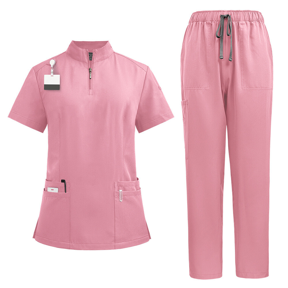Summer NiaaHinn Scrub Nurse Uniform Women Scrub Set Zip-Neck Tops Straight Pants