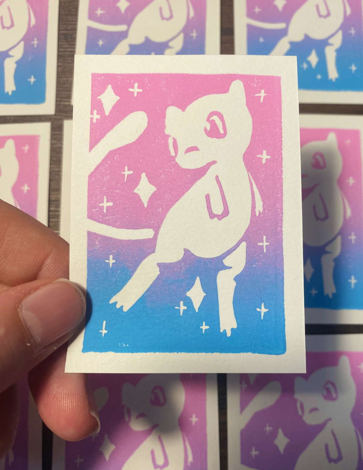 ACEO/ ATC original art card linocut hand printed Pokemon Mew