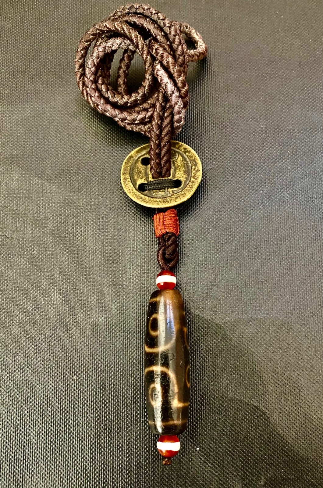 7 Eyes Dzi Bead Amulet Pendant From Himalayan Tibet & 1862-74 1 Cash Coin Fu(福)