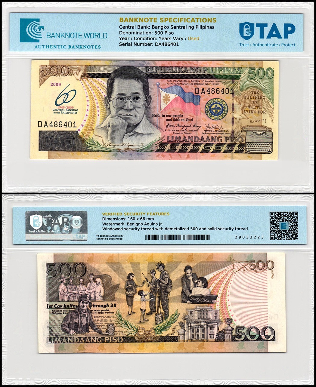 Philippines 500 Piso, 2009, P-204, Used, Commemorative TAP Authenticated Philippines 500 Piso, 2009, P-204, Used, Commemorative TAP Authenticated