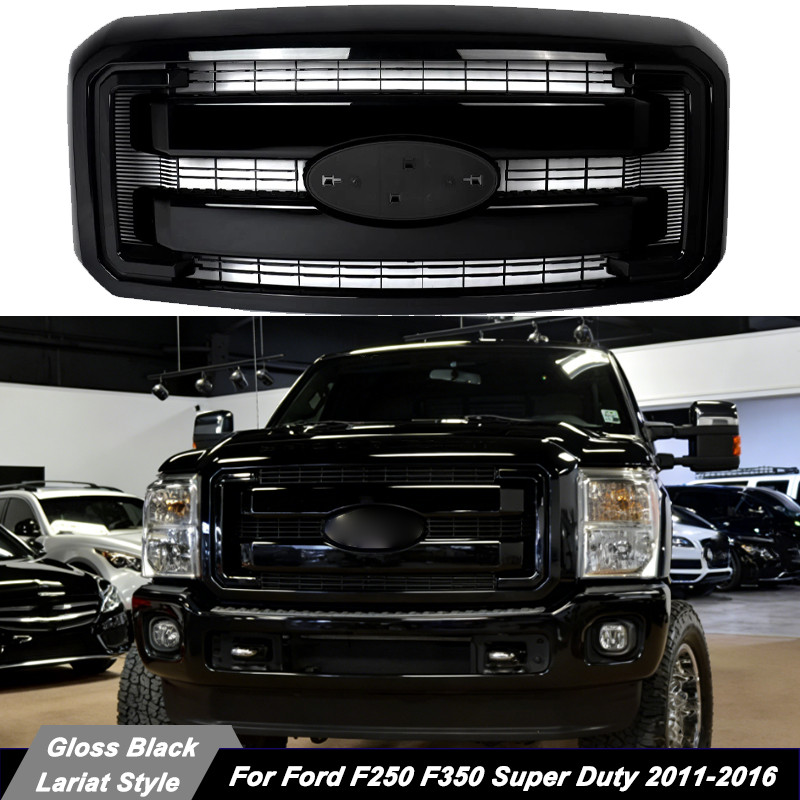 For 2011-2016 Ford F250 F350 Lariat Style Grill Gloss Black Front Bumper Grille