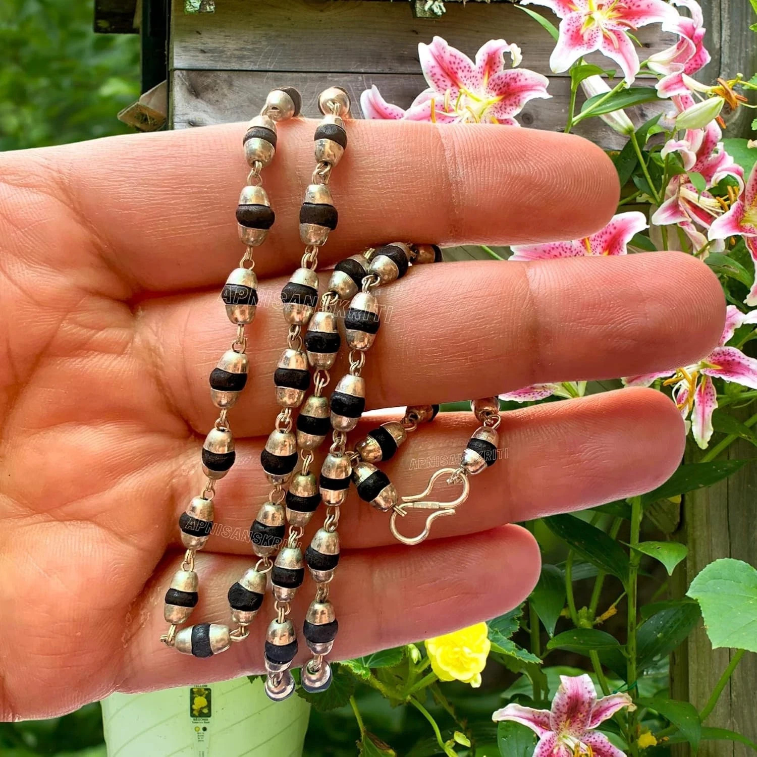 Lab Certified Black Tulsi Mala in Silver Plated 3-4 mm, 55 Beads