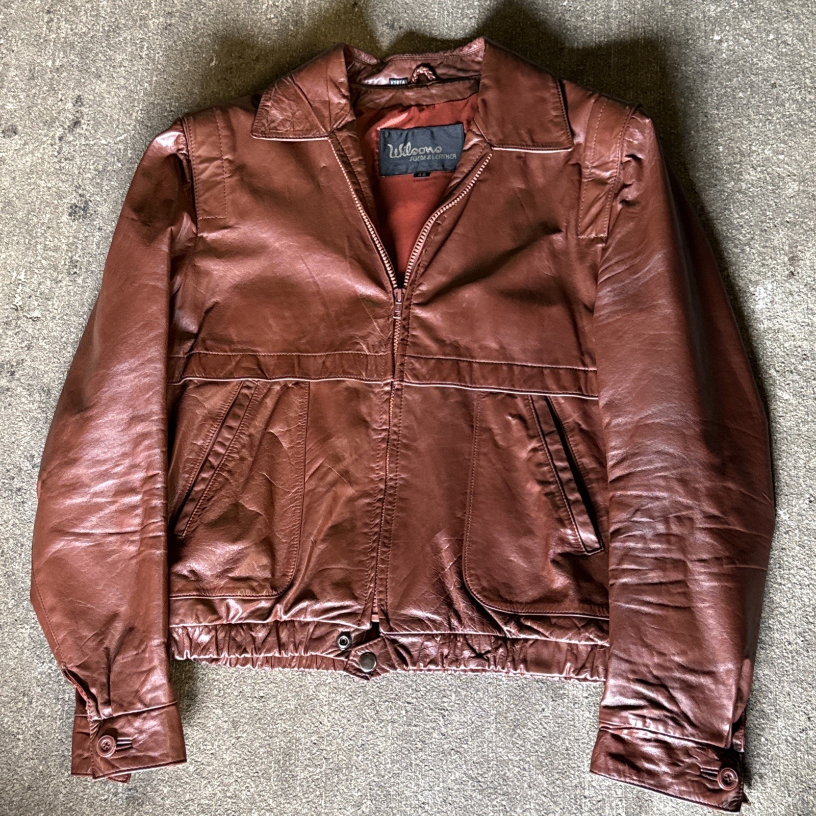 VTG Wilson’s Brown Leather Bomber Flight Jacket Made in Korea Men Worn Patina 40 VTG Wilson’s Brown Leather Bomber Flight Jacket Made in Korea Men Worn Patina 40