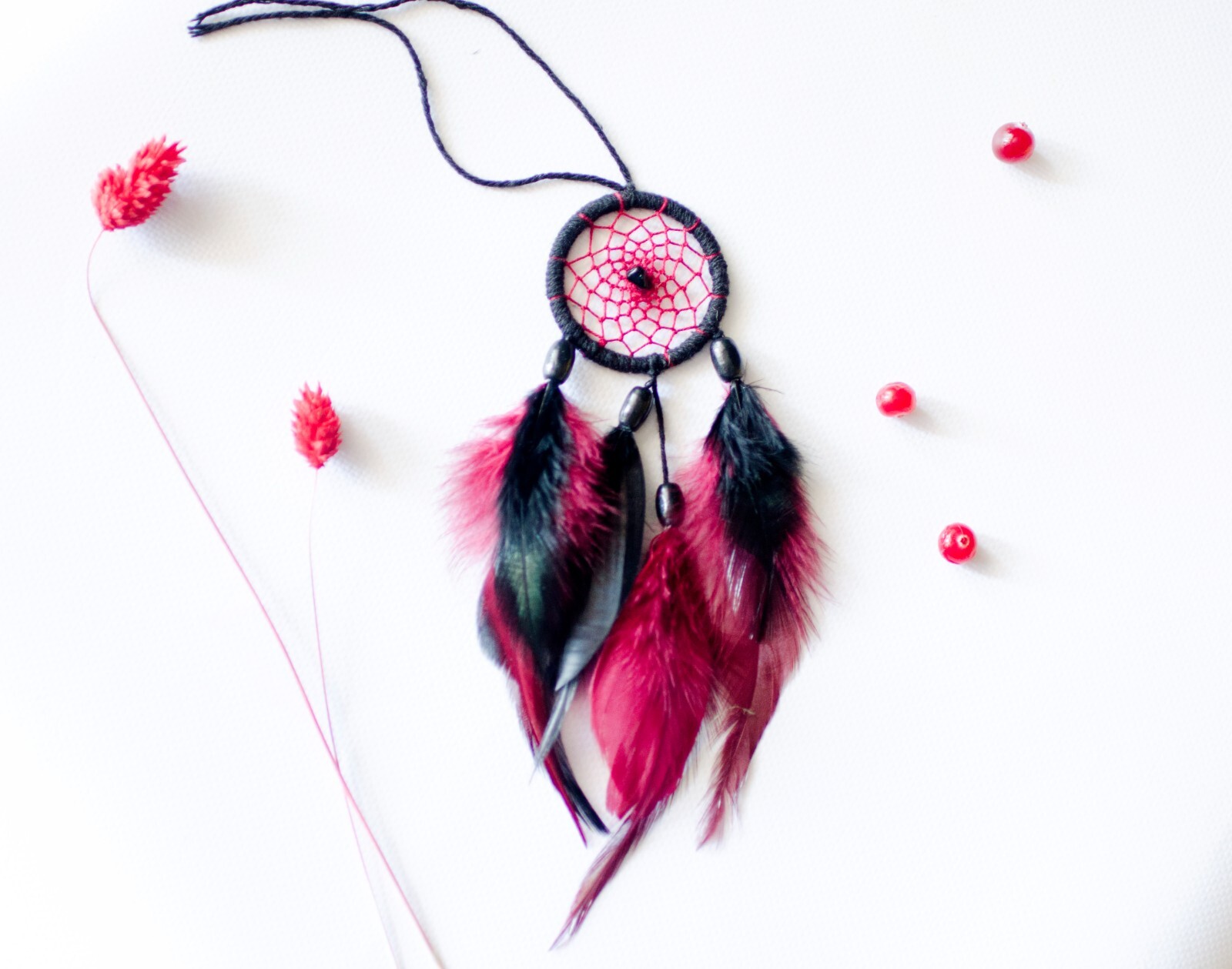 Small Handmade Black with Red  Dream Catcher for Car Hanging Decoration Ornament