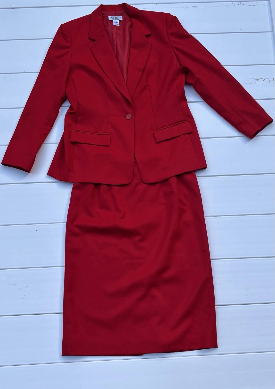 Pendleton Red 100% Virgin Wool Skirt Suit Womens 12 Blazer Pencil Skirt 2 Pc