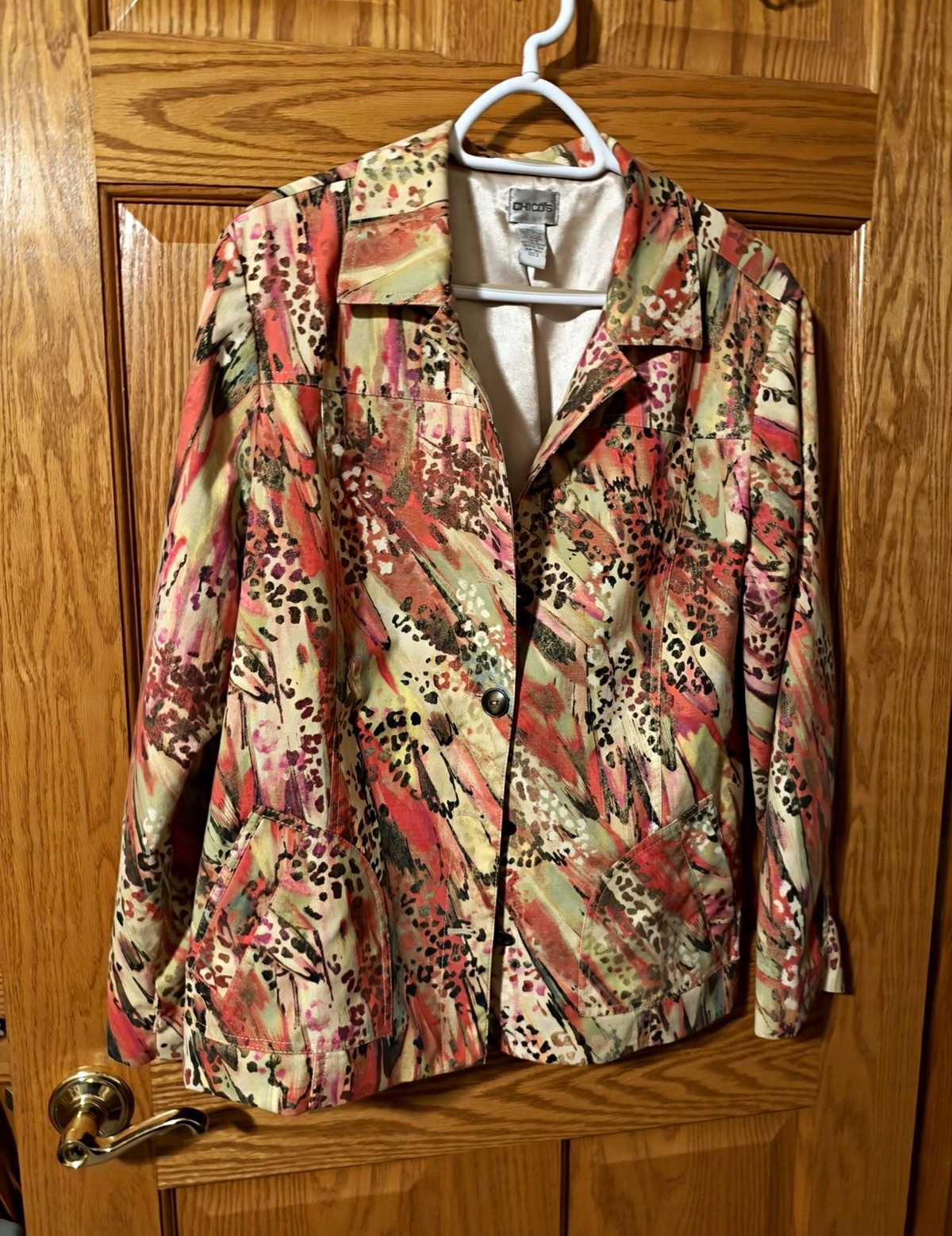 Chico\'s Print Blazer Jacket, Button Front, Lined, Women\'s Size 2 Chico\'s Print Blazer Jacket, Button Front, Lined, Women\'s Size 2