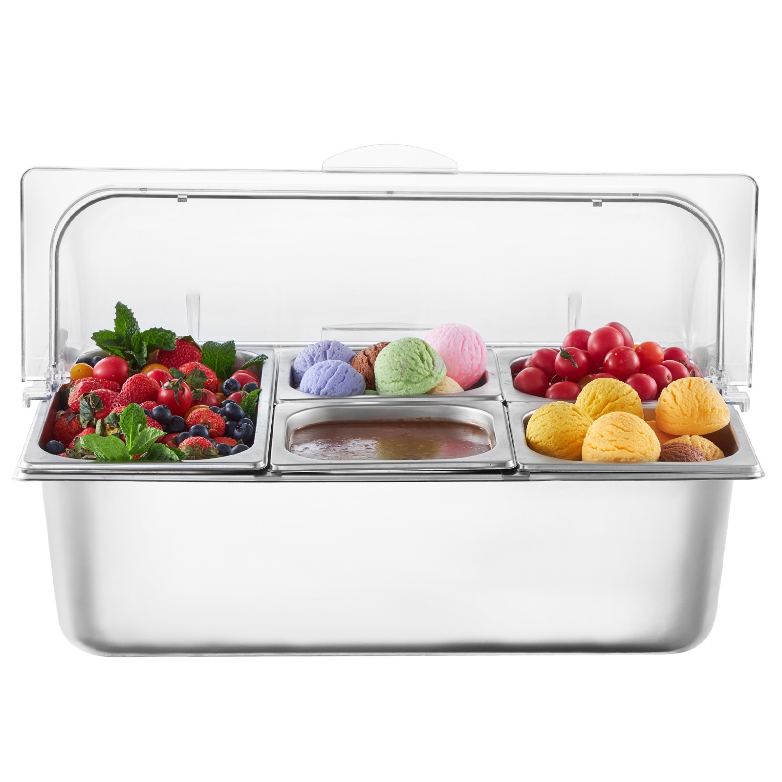 Uimoso Countertop Food Serving Display Container 5 Pan Condiment Dispenser w/Lid