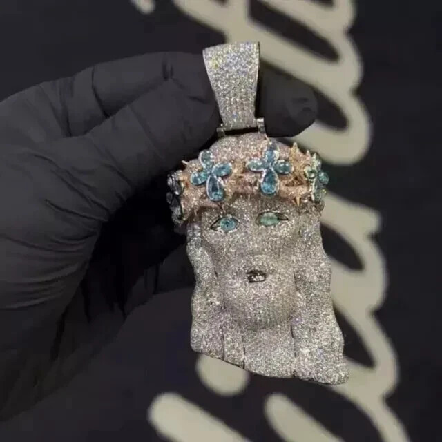 2.30Ct Round Real Moissanite Custom Jesus Head Pendant 14K White Gold Plated