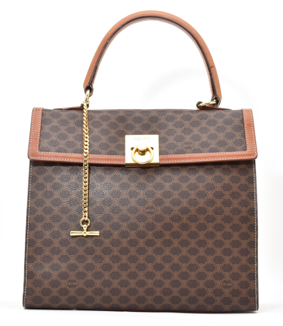 CELINE Gancini Macadam Hand Bag Purse Brown Gold PVC Vintage Authentic