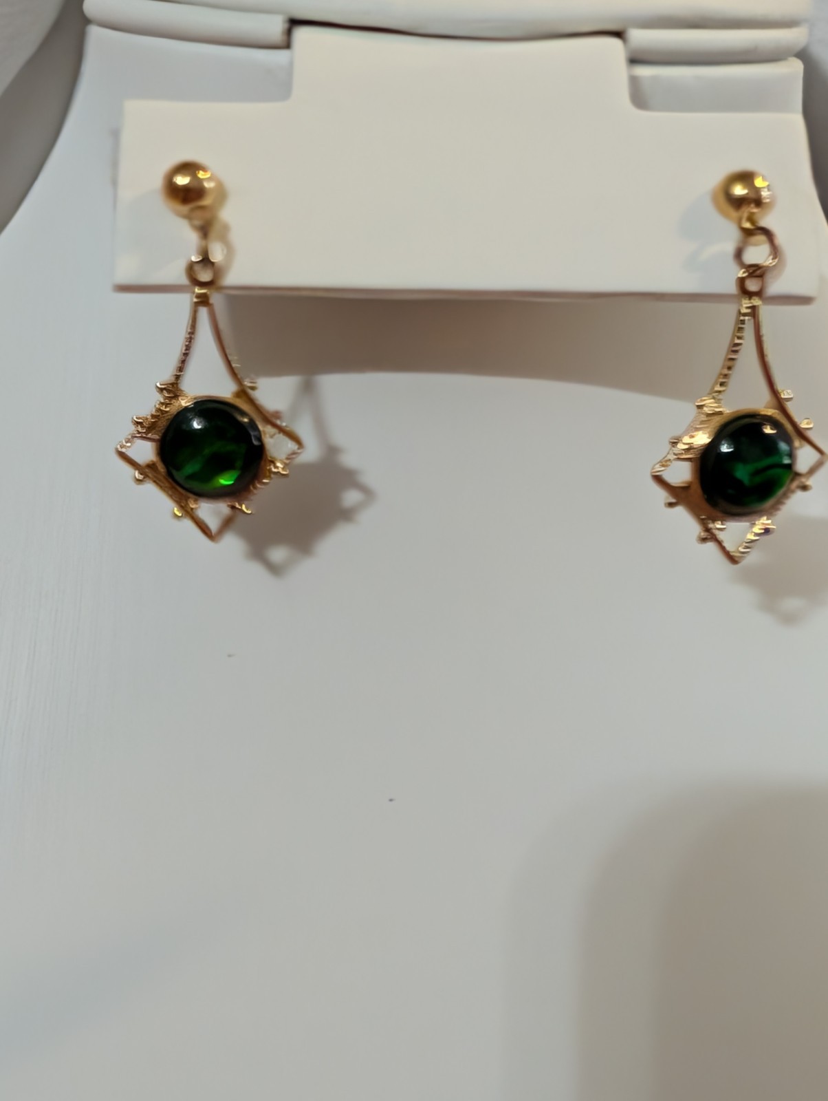 Vintage Green Cabochon Geometric Dangle Earrings Gold Tone 1990s Costume Jewelry Vintage Green Cabochon Geometric Dangle Earrings Gold Tone 1990s Costume Jewelry