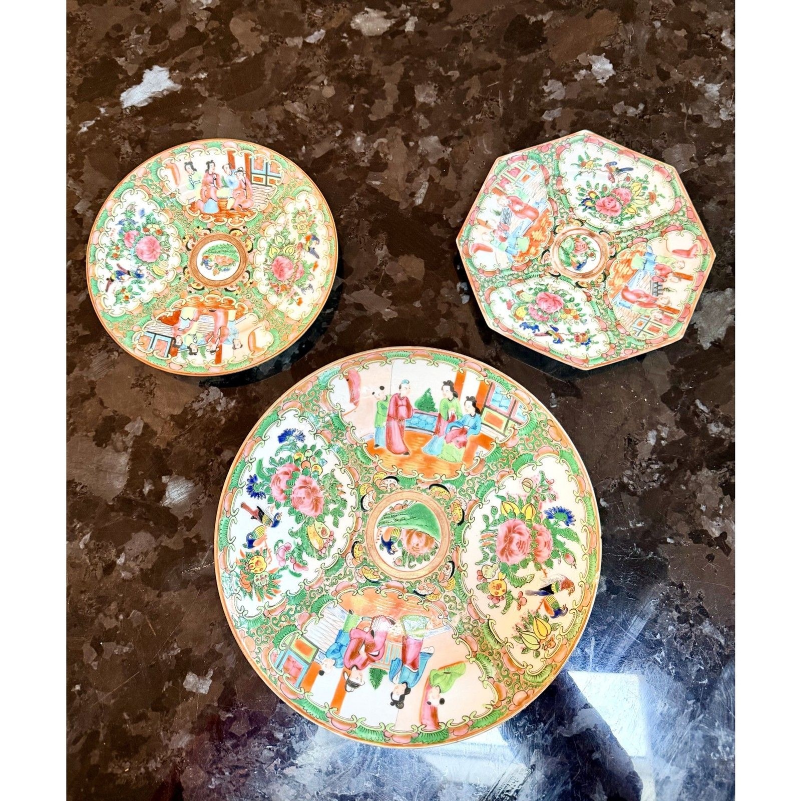 Antique 19th C. Chinese Export Rose Medallion Porcelain Plates – Set of 3