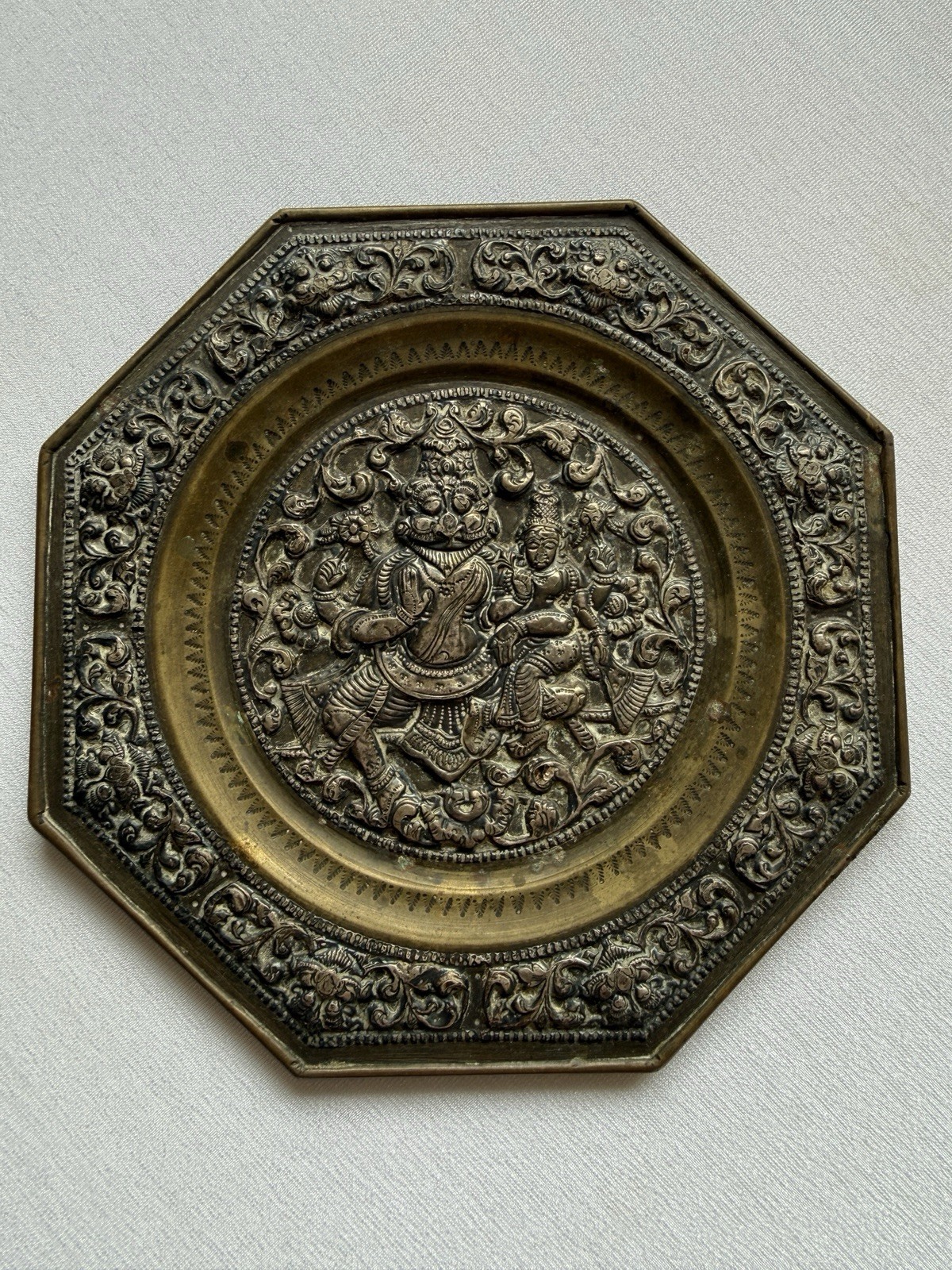 Antique Indian TANJORE Mixed Metal Octagonal HINDU DEITY Plate Silver Overlay