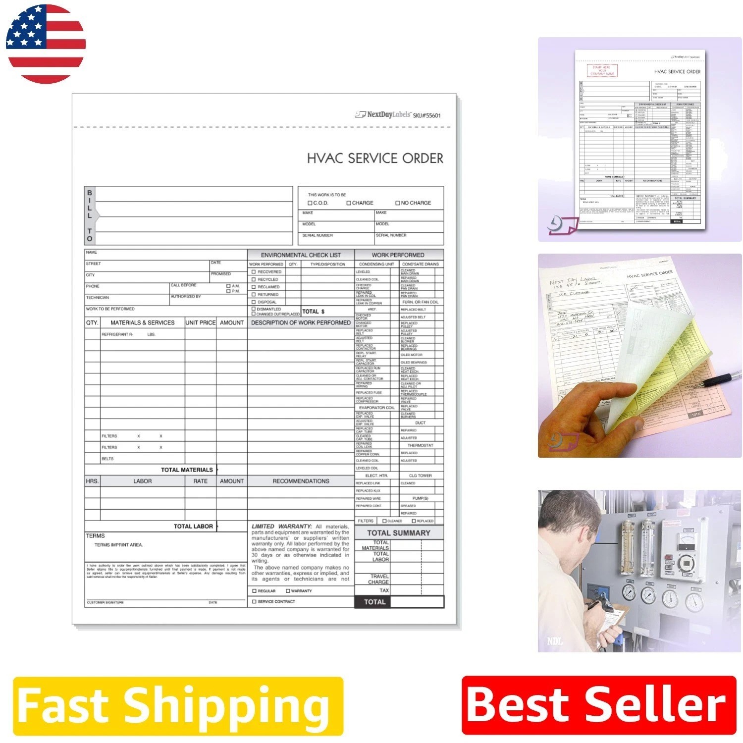 HVAC Service Order Invoice 3-Part Carbonless Forms - 100 Sets, No Company Name