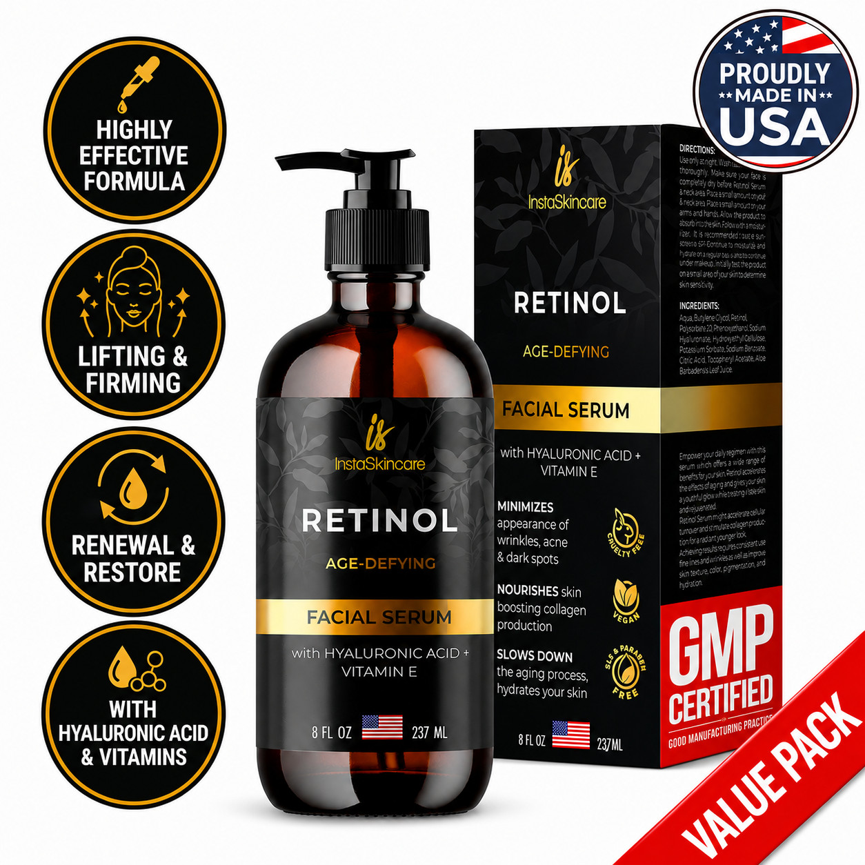 Retinol Face Serum for Skin Renewal and Hydration Vitamins & Hyaluronic Acid 8oz