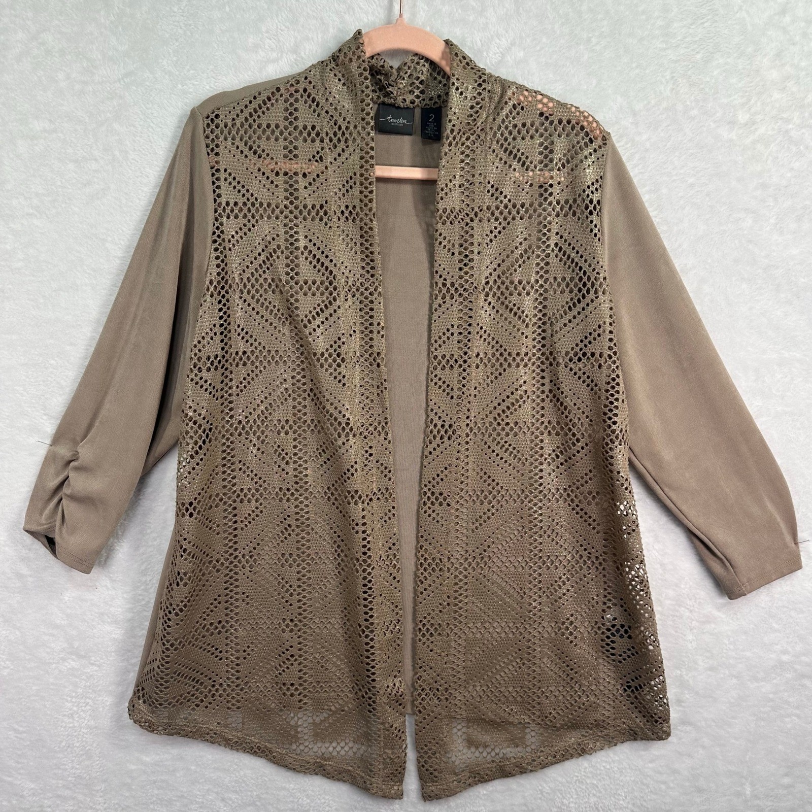 Travelers by Chico\'s Cardigan Women Size 12 Chico size 2 Tan Open Front Crochet
