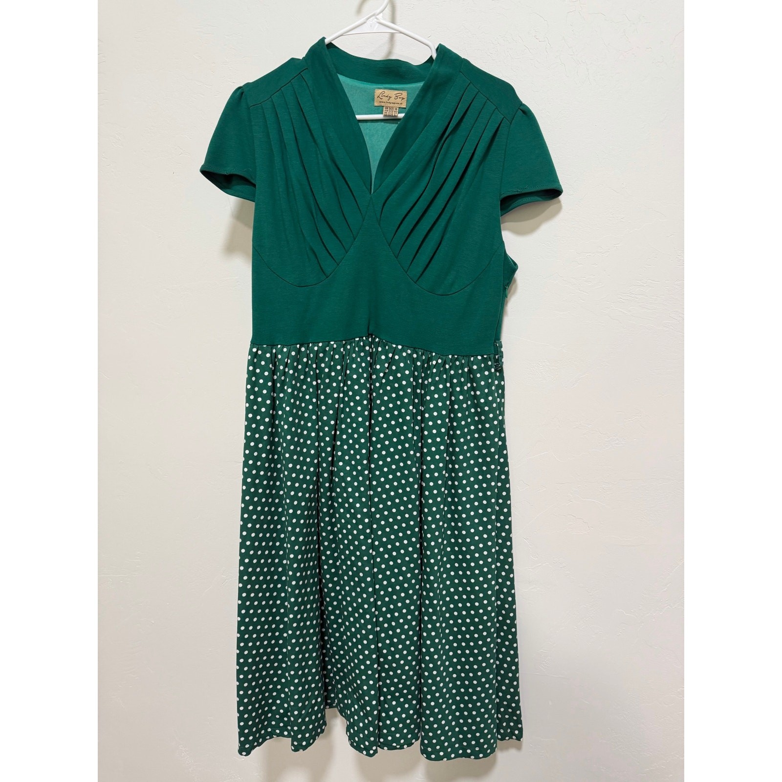 Vintage Lindy Bop Green Polka Dot Pleated Swing Dress Size 12