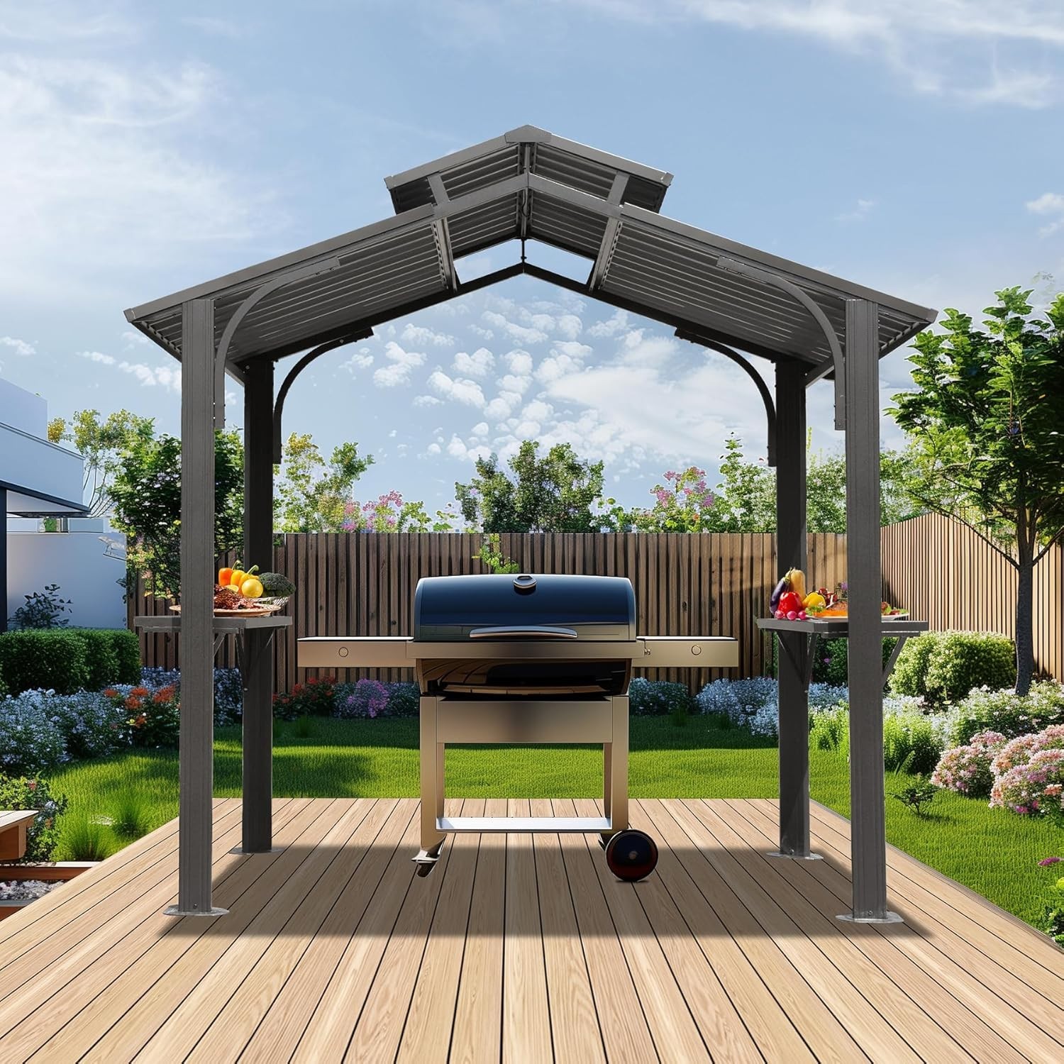 Domi Hardtop Double Roof Grill Gazebo 8x5FT w/Galvanized Steel,Side Shelves,Grey