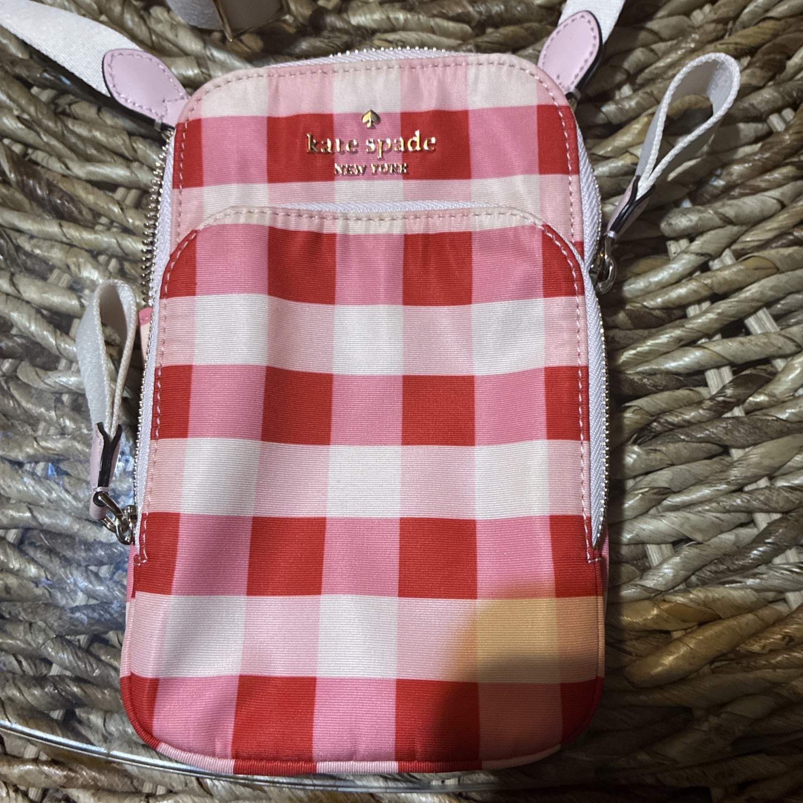 Kate Spade Pink Gingham Check Nylon Phone Crossbody