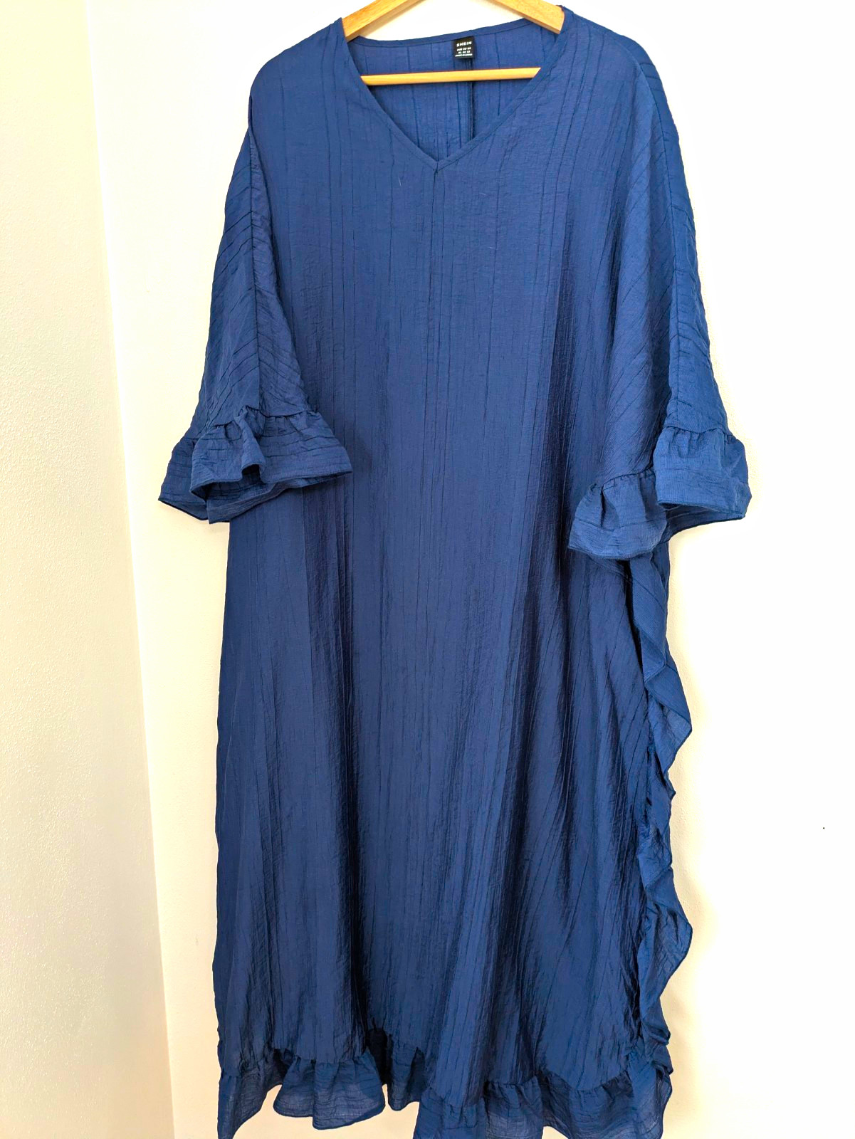 SHEIN Blue Solid V-Neck Ruffle Accent Pullover Maxi Dress Sz XL 3/4 Sleeve