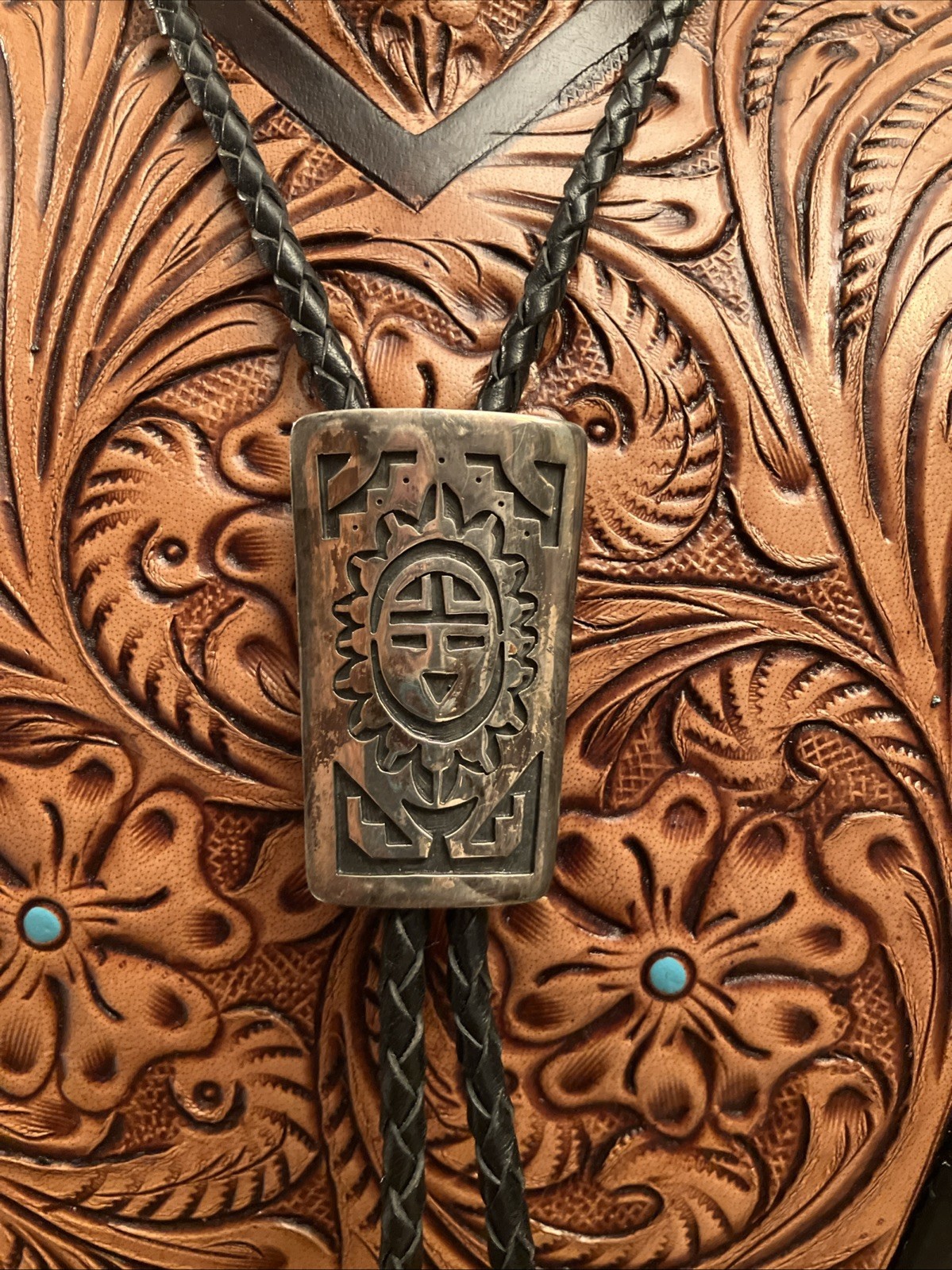 Vintage Hopi Bolo Tie Sterling 925 Signed Cyrus Josytewa 2.5” Overlay Sunface