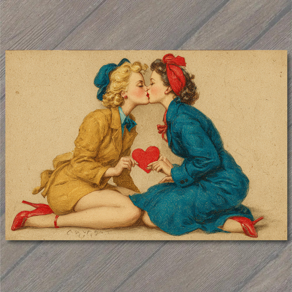 POSTCARD Retro Romantic Women Kiss Heart Vintage Style Love