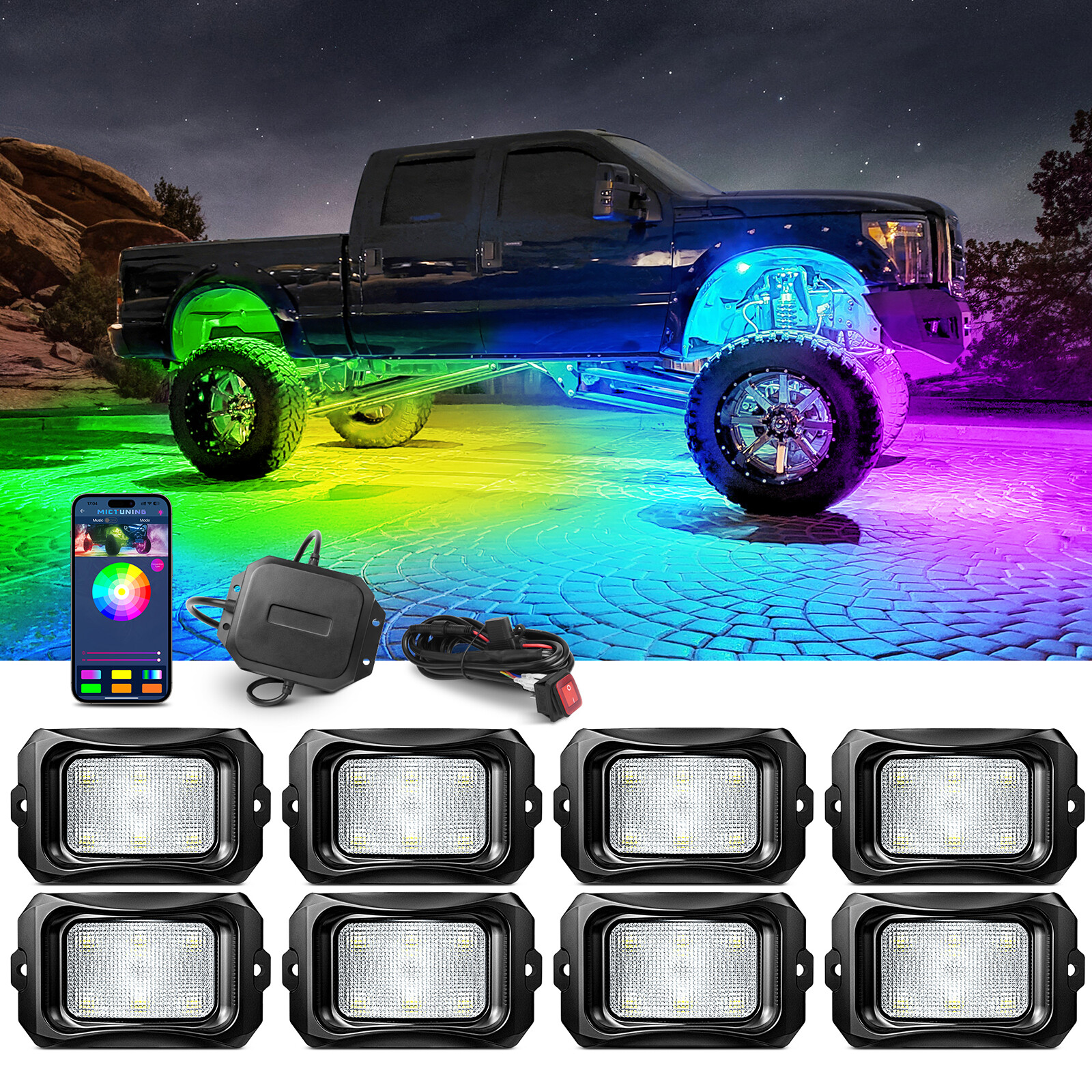MICTUNING C2 Max RGB-IC LED Rock Lights Kit, 8/10/12/16 Pods Extend Up to 24 Pod