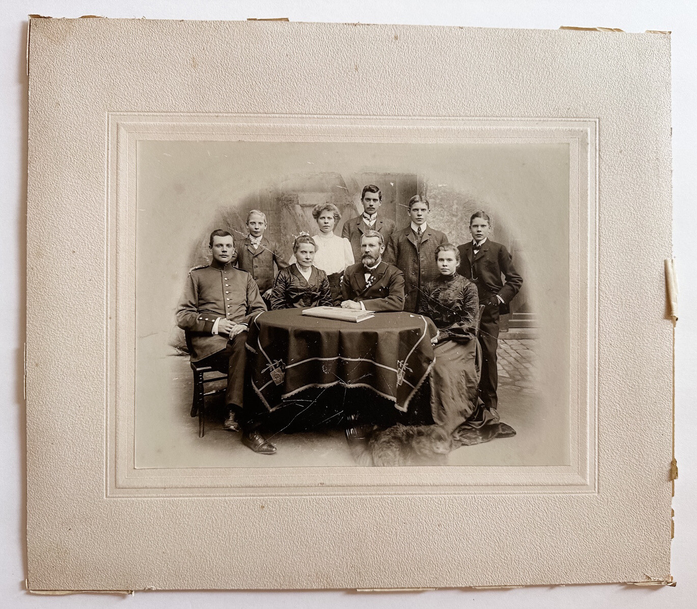 Antique Family Photo 9 People + Dog Around Table 13x12\ Antique Family Photo 9 People + Dog Around Table 13x12\