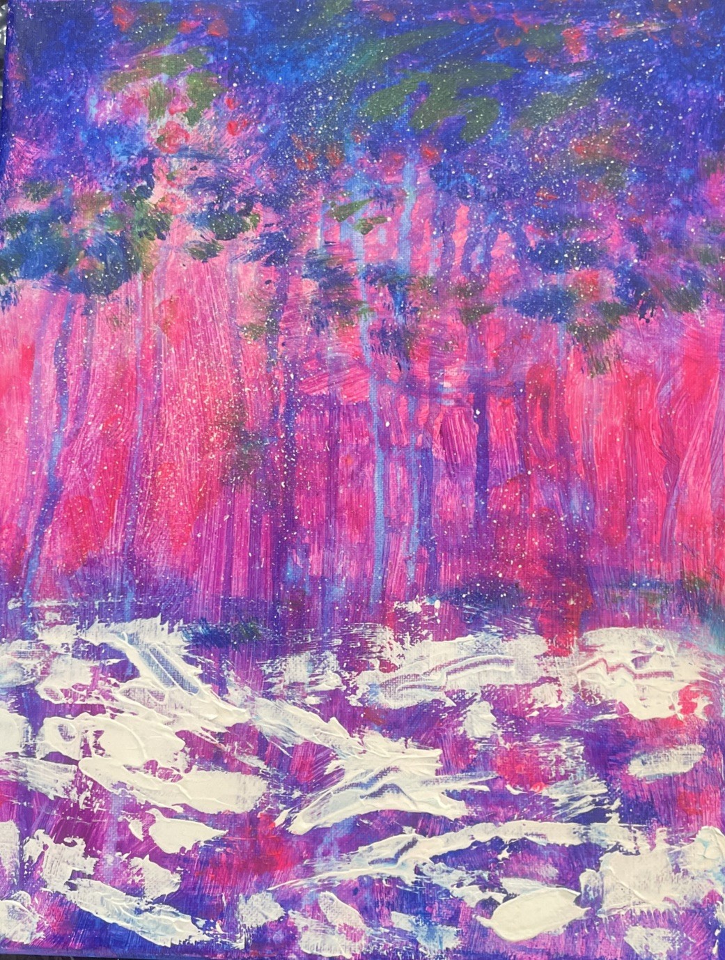 Original acrylic canvas painting 11 x14 snowy pine tree winter landscape stream 
