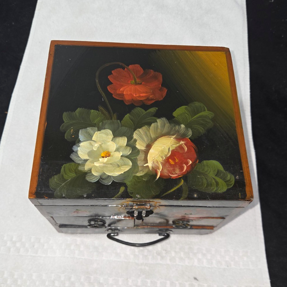 Vintage Hand Painted Floral Jewelry Chest 3 Drawer Wood Keepsake Box Folk Art