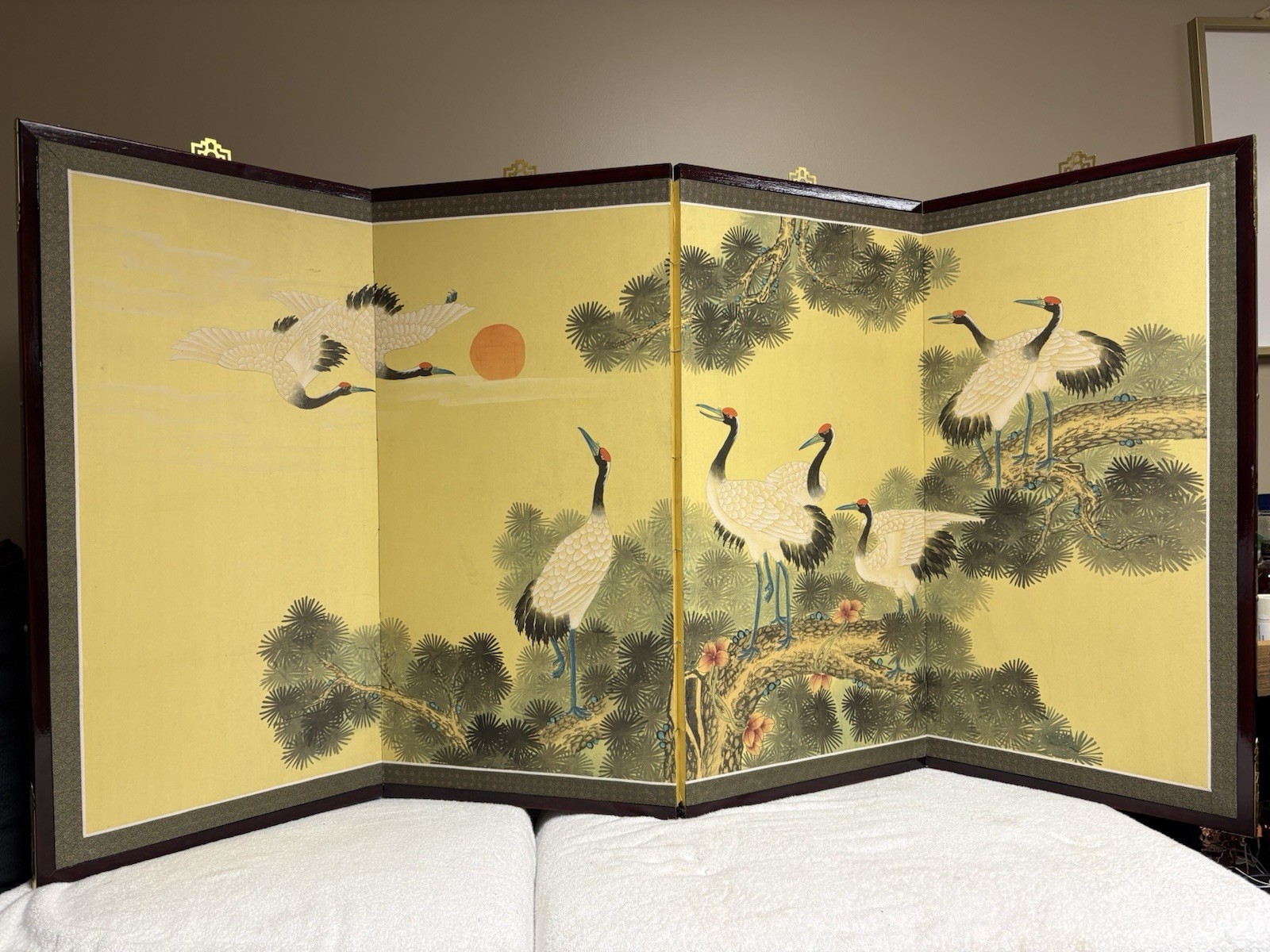 VTG 🔥 Mid Century Japanese BYOBU Screen White CRANES 4 Panel Hand Painted SILK