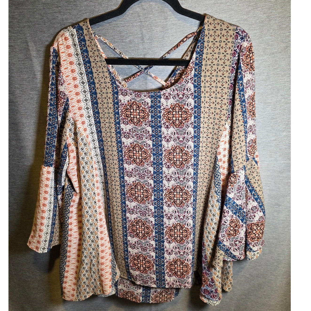 Umgee Women Orange Tan & Navy 3/4 Split Bell Sleeve Boho Tunic Top SZ LG