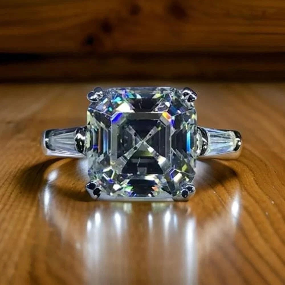 Moissanite Solitaire Engagement Ring 3.00 Carat Asscher Cut Solid 14K White Gold