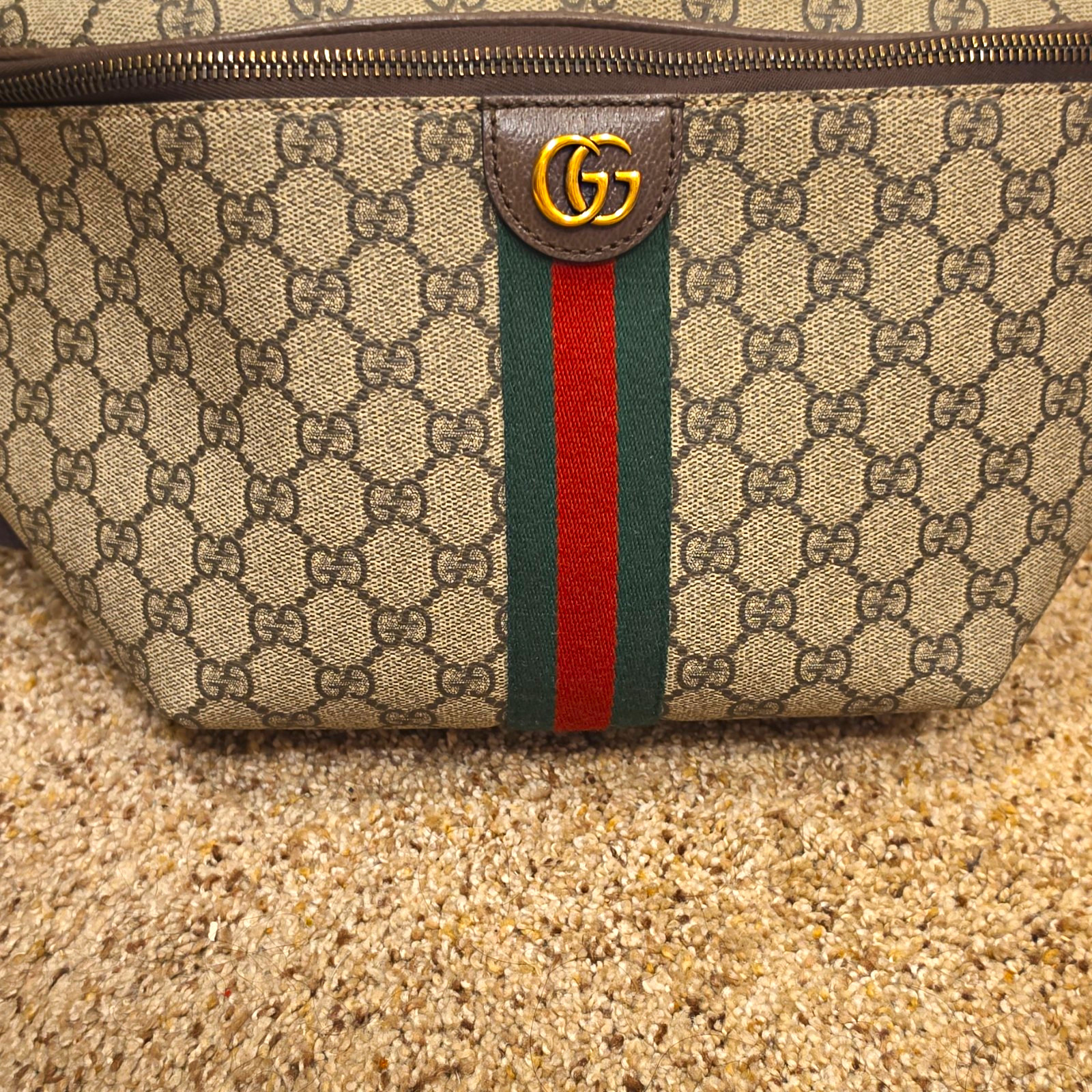 Authentic Gucci GG Monogram Large Zip Belt Bag Fanny Pack,  Stripe Gold Hardware