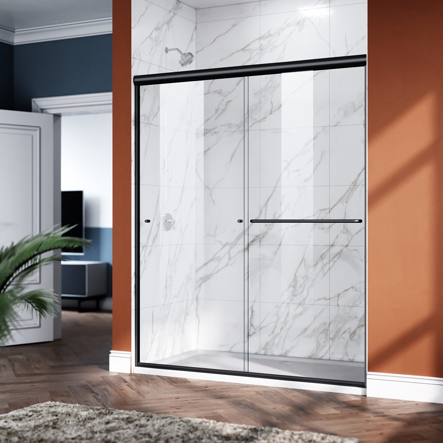 ELEGANT Shower Door Double Sliding 58.5-60 x 72 Semi-Frameless Matte Black