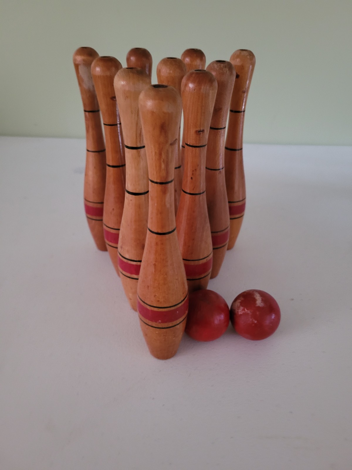 Vintage Tabletop Wooden Bowling/skittles Set W/ 2 Red Wooden Balls C.1920