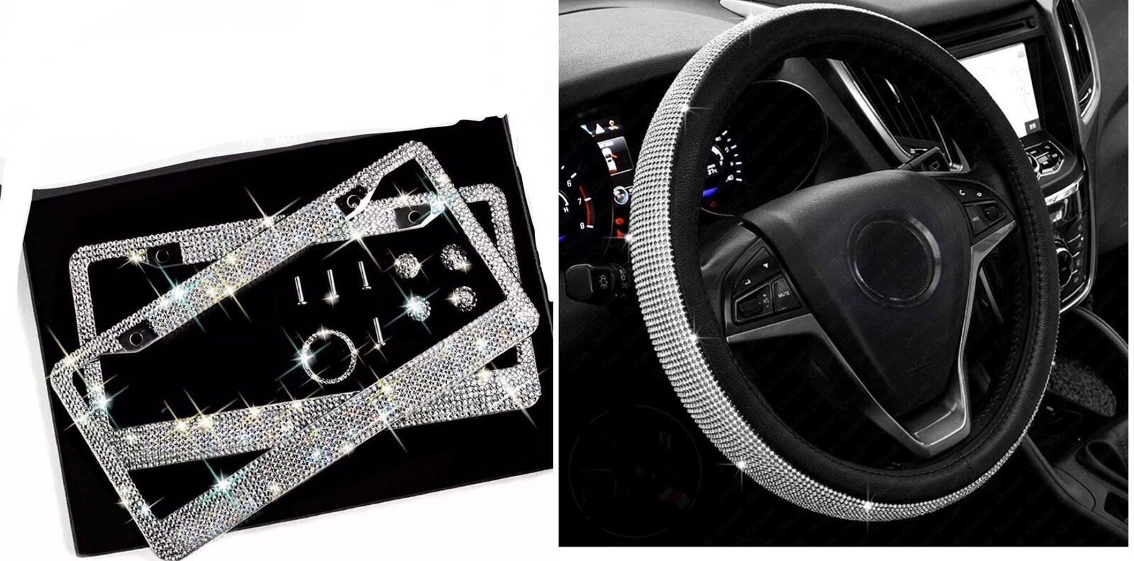 BLING SET 2 Crystal License Plate Frame Steering Wheel Caps Made with Swarovski 