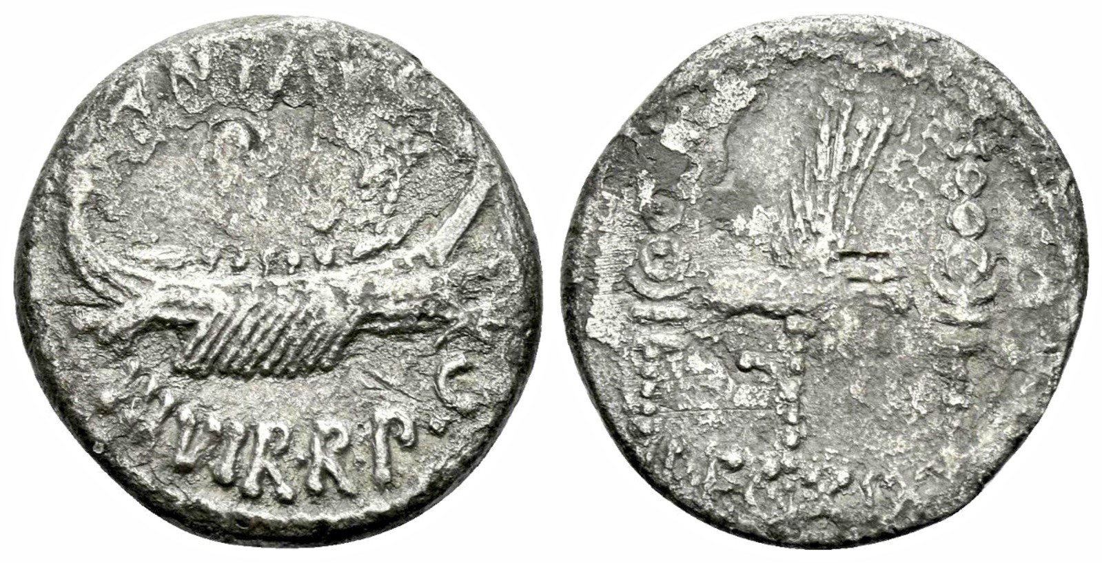 Mark Antony LEG XIX AR Denarius Galley Legionary Eagle 32-31 BC Crawford 544/35