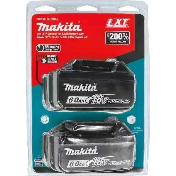 Makita BL1860B-2 18V 6.0Ah Integrated LED LXT Lithium-Ion Battery - 2 Pack