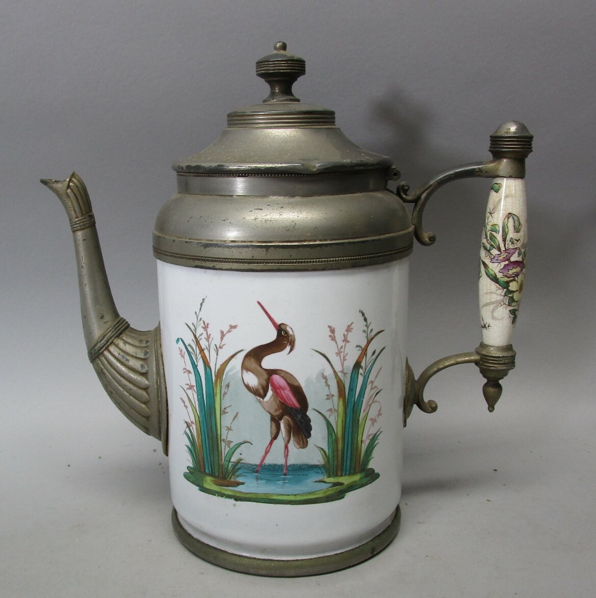 Fine 19th C. Large FRENCH ENAMELED Pewter Pitcher w/ Herons, c. 1880s antique* Fine 19th C. Large FRENCH ENAMELED Pewter Pitcher w/ Herons, c. 1880s antique*