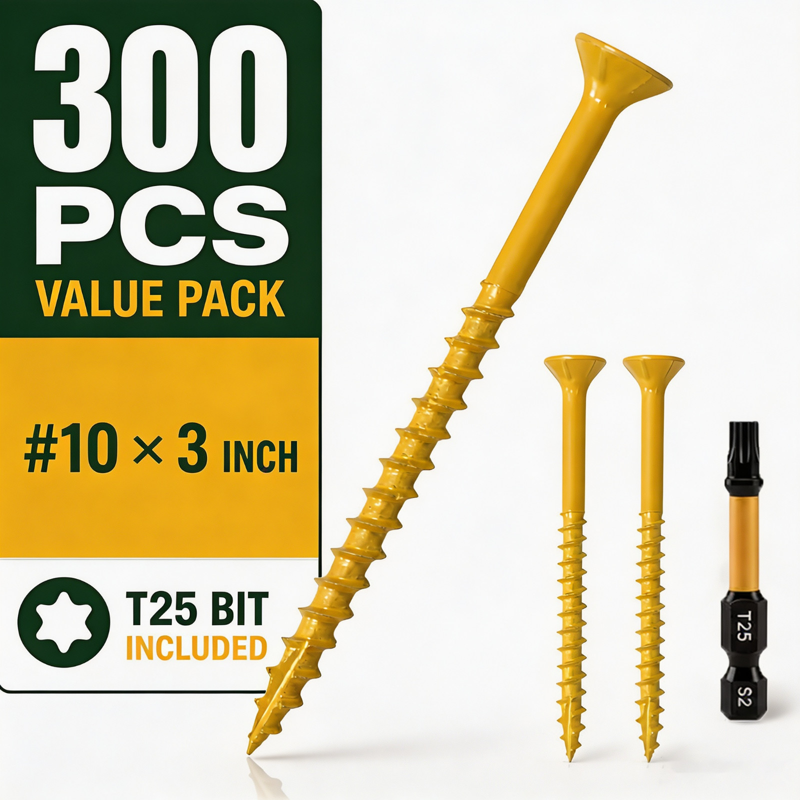 300Pcs #10 x 3 Inch Yellow Wood Screws T25 Torx Anti Corrosion Fasteners