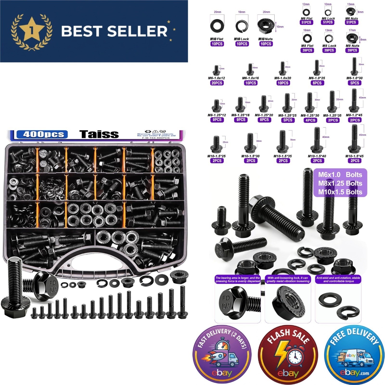 Taiss 400PC Metric Flange Bolt Assortment Kit M6 M8 M10 Hex Bolts Nuts Washers Taiss 400PC Metric Flange Bolt Assortment Kit M6 M8 M10 Hex Bolts Nuts Washers